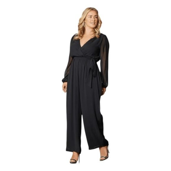 Kiyonna Celina Chiffon Jumpsuit Flowy Black Noir 1X - Picture 2 of 6